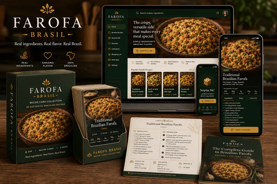 The Farofa Brasil Collection displayed across tablet, phones, forest-green recipe card boxes and printed recipe cards on a wooden surface