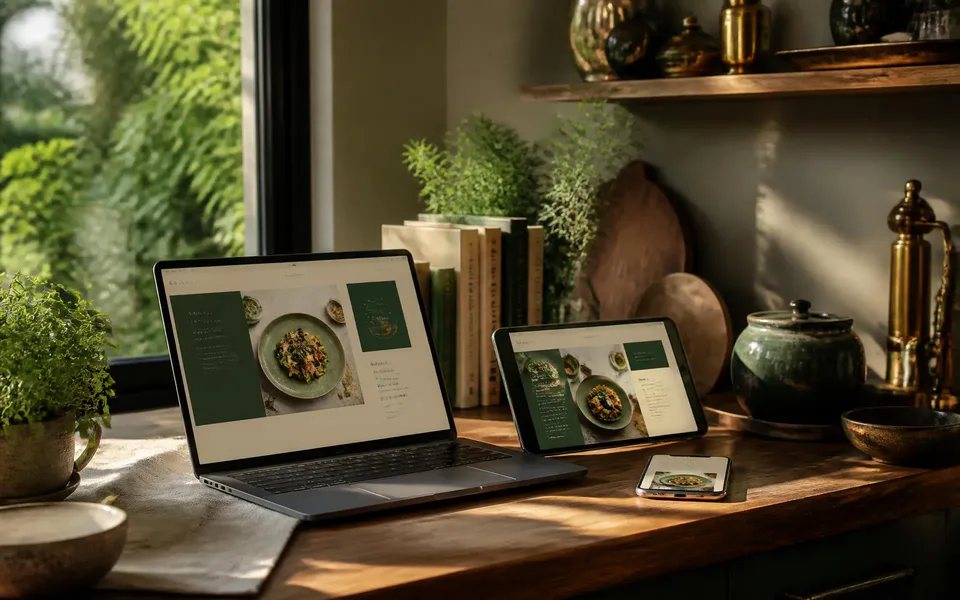 A laptop, tablet and phone resting among cookbooks and ceramics in a sunlit Brazilian home