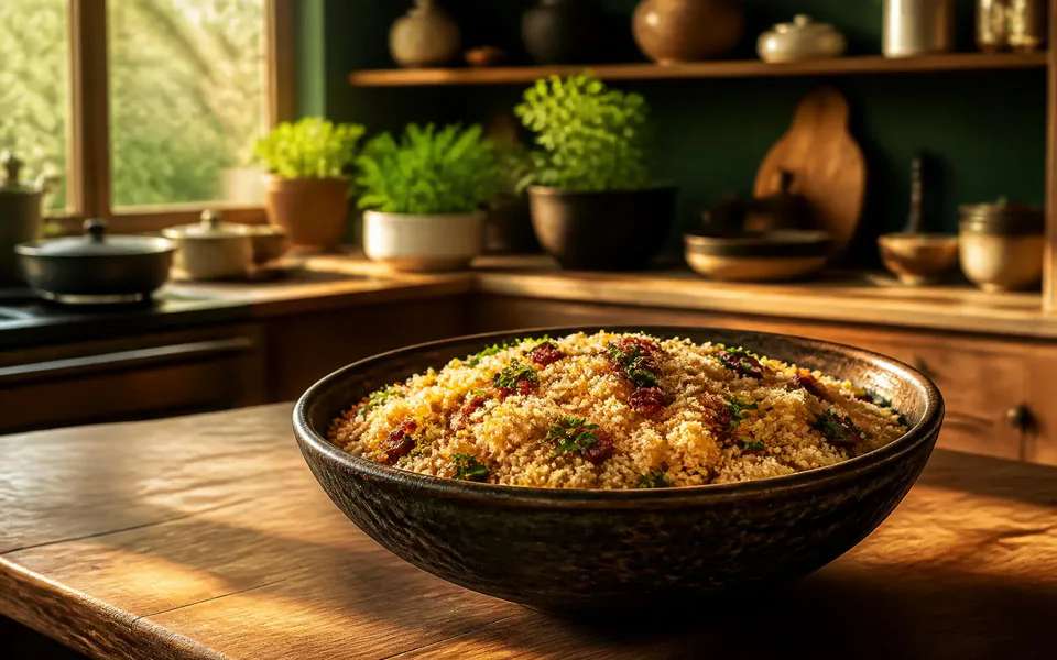A handmade ceramic bowl of golden farofa on a wooden island in a warm Brazilian home kitchen