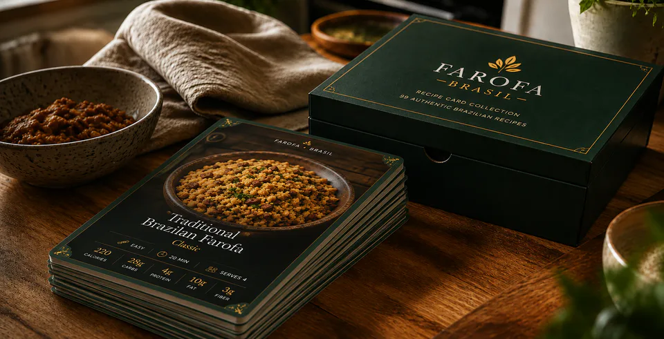 A stack of Farofa Brasil printed recipe cards showing the Traditional Brazilian Farofa card beside the forest green collection box on a wooden table