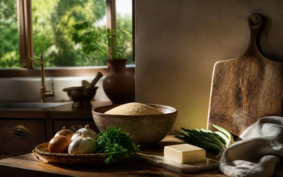 Cassava meal, onions, garlic, herbs and butter resting on a sunlit wooden kitchen counter